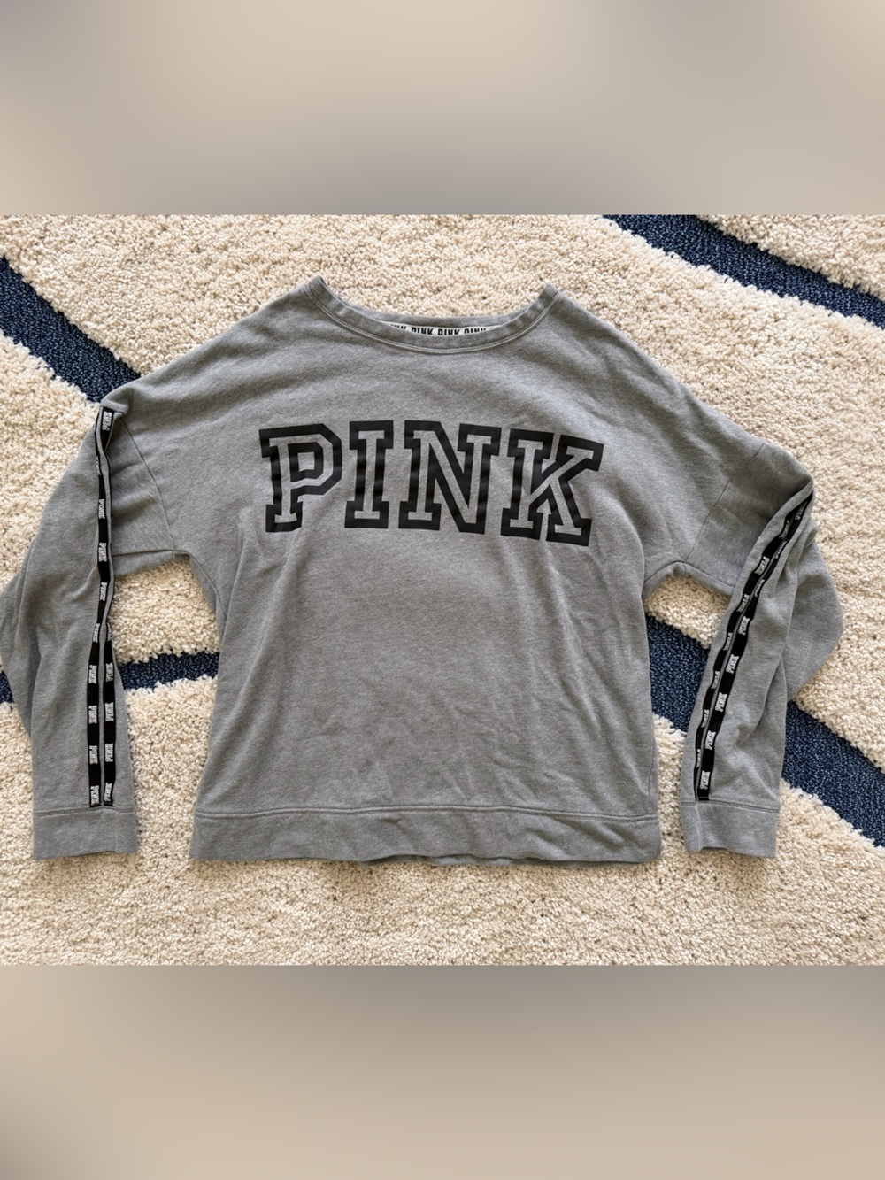 PINK Victoria's Secret Gray Crew Sweatshirt with Sleeve Tape